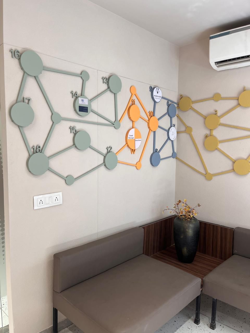 Lounge seating area with decorative wall art